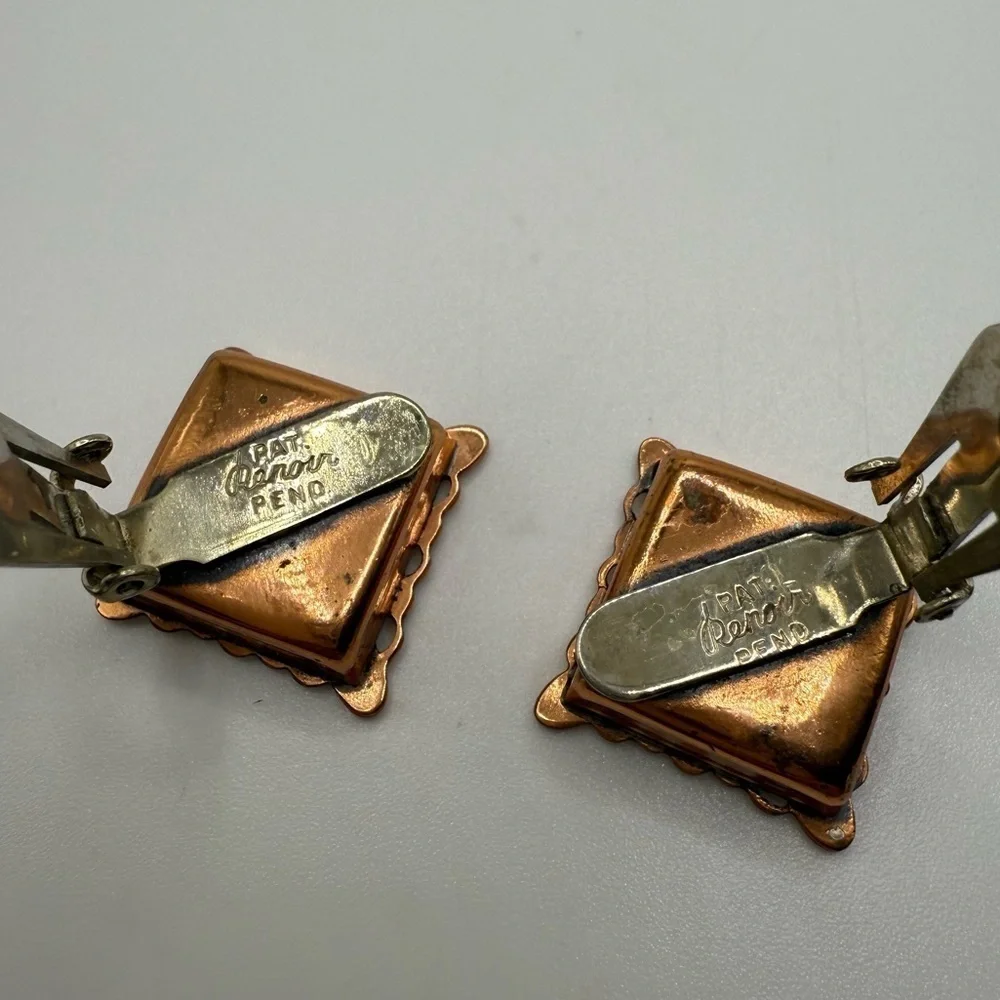 Vintage Renoir Ebony Lace Shadow Box Copper & Black Clip-On Earrings